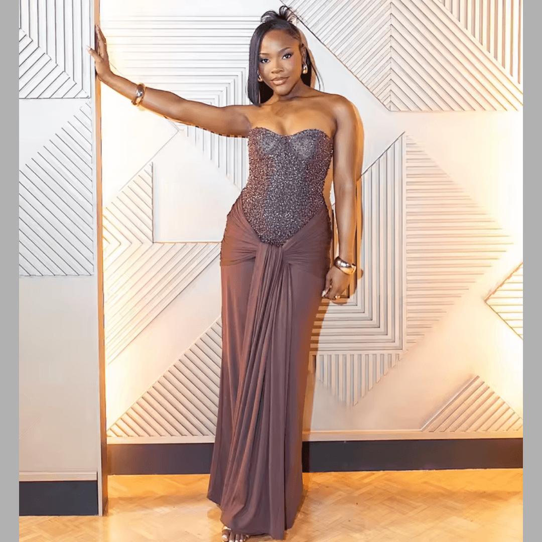 Model wearing Aurelia plum brown satin maxi dress
