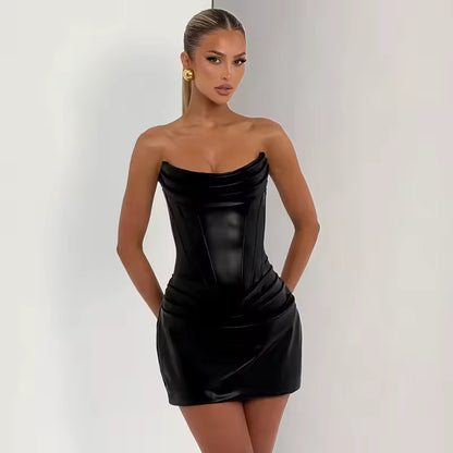 Selena Noir Black Strapless PU Pleated Dress Front View