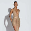 Model wearing Arlena sequin halter bodycon mini dress for party
