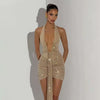 Model wearing Arlena sequin halter bodycon mini dress for party
