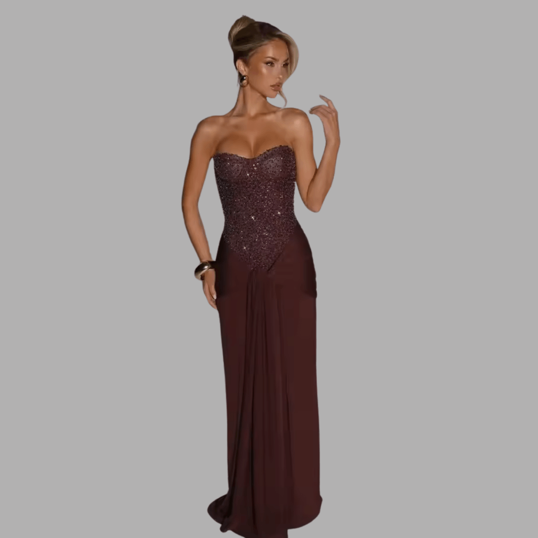 Model wearing Aurelia plum brown satin maxi dress
