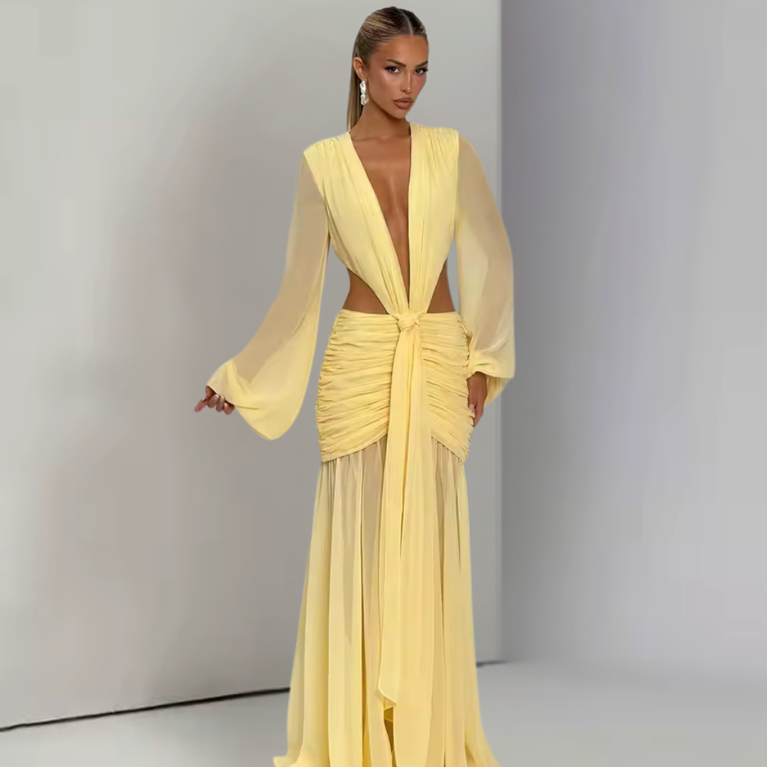 Valentina Pleated Maxi Dress – Elegant Long Sleeve Backless Deep V Party Gown
