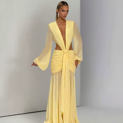 Valentina Pleated Maxi Dress – Elegant Long Sleeve Backless Deep V Party Gown
