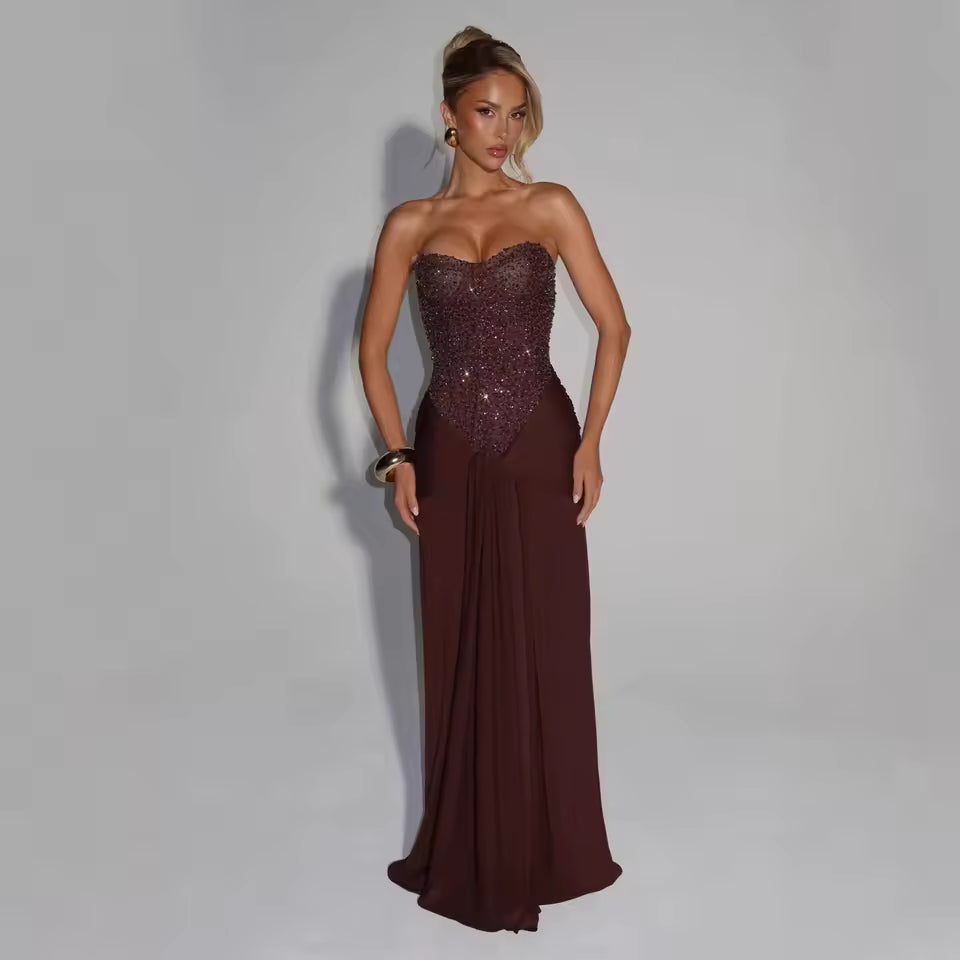 Model wearing Aurelia plum brown satin maxi dress