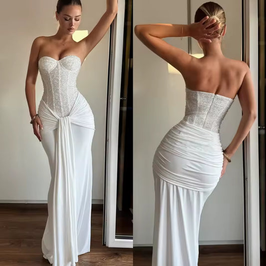 Selena Corset Maxi Dress – Elegant Strapless Lace Bodycon Evening Gown
