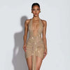 Model wearing Arlena sequin halter bodycon mini dress for party
