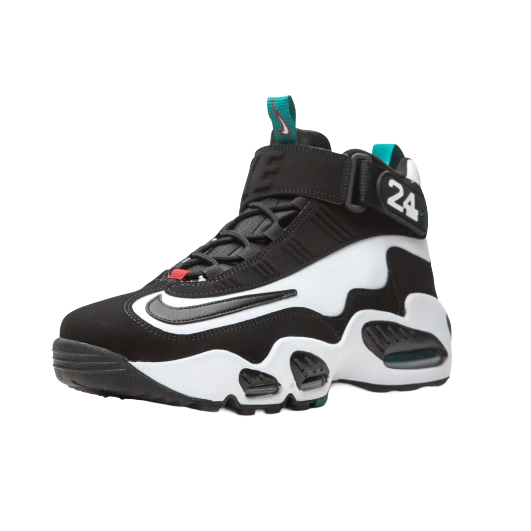 Black and white sneaker with a distinctive design on a white background