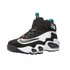 Black and white sneaker with a distinctive design on a white background