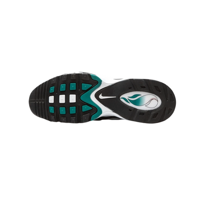 Sole of a sports shoe with brand logo on a white background