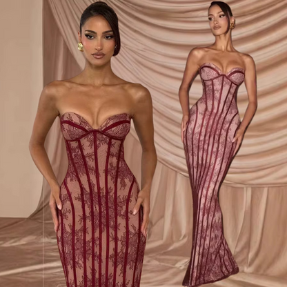 burgundy maxi dress for women
elegant wine color dress
luxury evening gown burgundy
long formal dress outfit