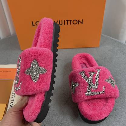 Luxury shearling fur mules for women available in multiple colors and styles