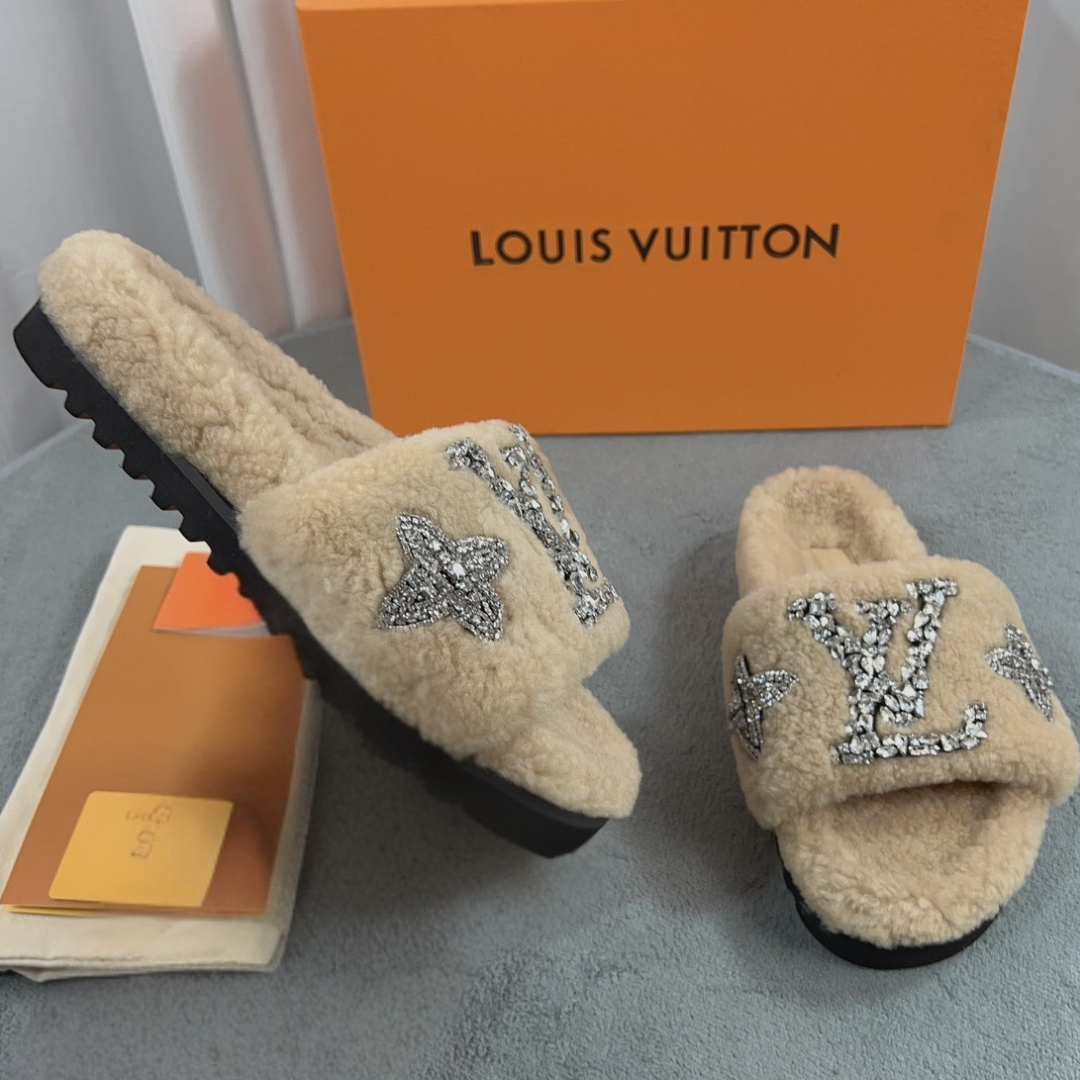 Luxury shearling fur mules for women available in multiple colors and styles