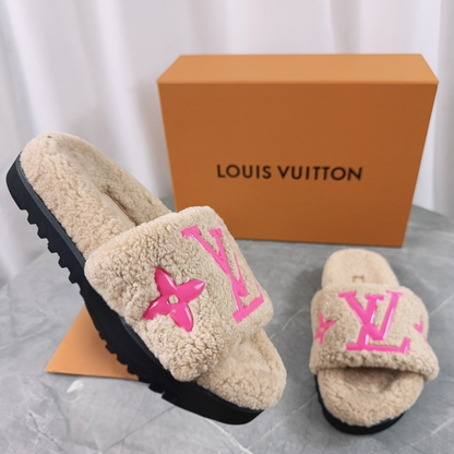 Luxury shearling fur mules for women available in multiple colors and styles