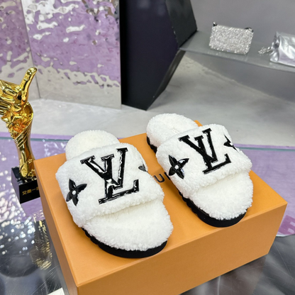Luxury shearling fur mules for women available in multiple colors and styles