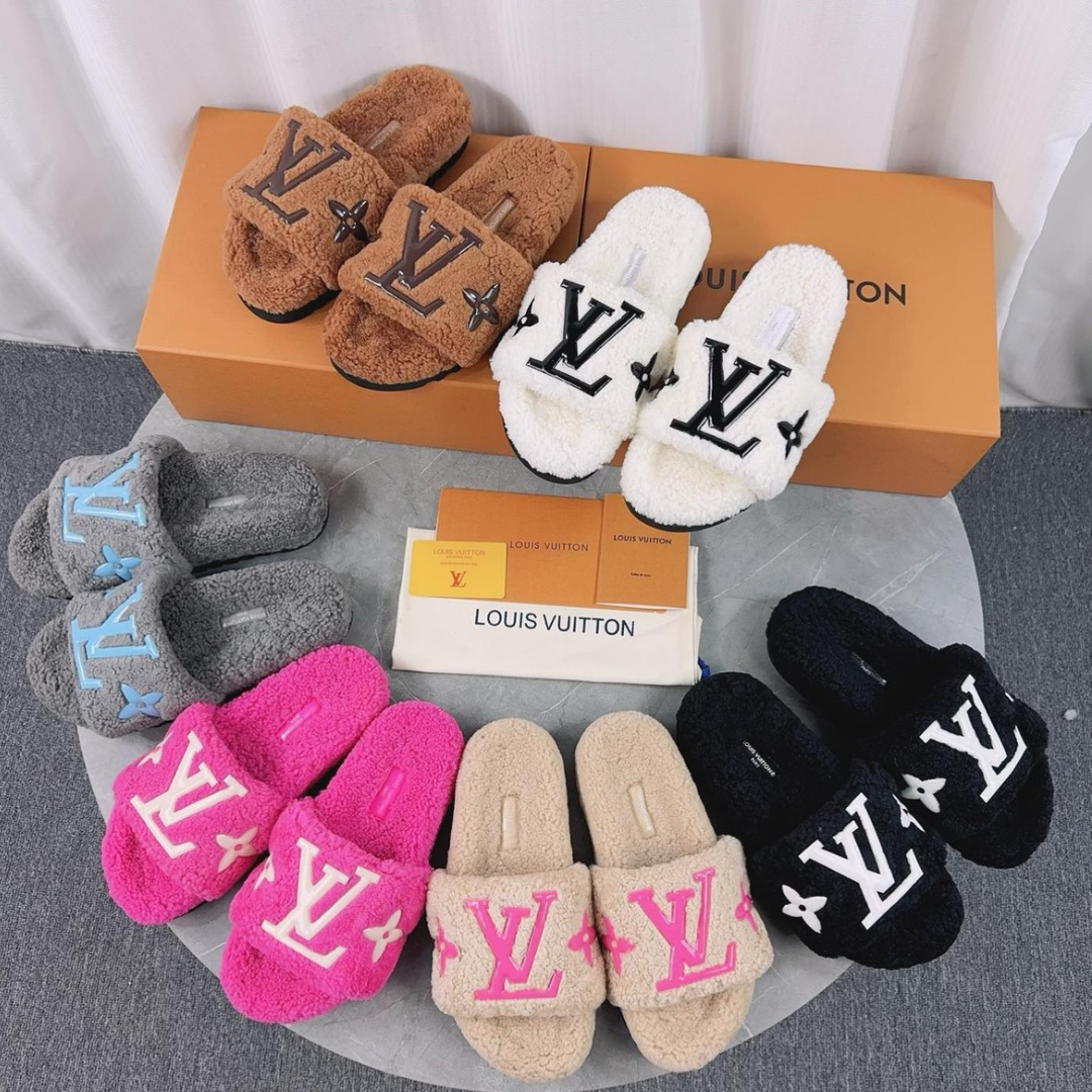 Luxury shearling fur mules for women available in multiple colors and styles