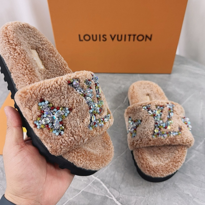 Luxury shearling fur mules for women available in multiple colors and styles