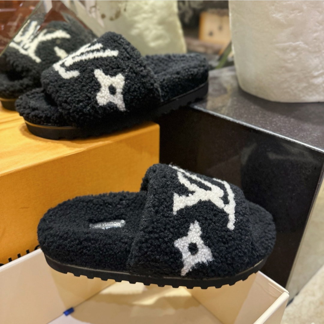 Luxury shearling fur mules for women available in multiple colors and styles