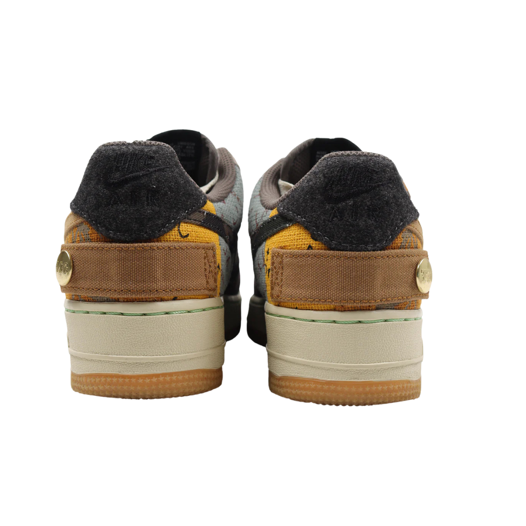 Nike Air Force 1 Low Travis Scott Cactus Jack sneaker side view  
Nike Air Force 1 Low Travis Scott Cactus Jack limited edition shoe top view  
Nike Air Force 1 Low Travis Scott Cactus Jack collab sneaker back view  
Nike Air Force 1 Low Travis Scott Cactus Jack sneakers with gum sole  
Travis Scott x Nike Air Force 1 Low Cactus Jack patchwork design
