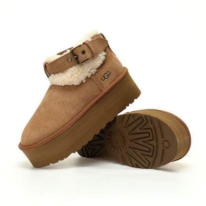 UGG Ultra Mini Belted Platform Boots – Chestnut Suede Side View
Women’s UGG Ultra Mini Belted Platform – Front and Back
Chestnut Suede UGG Ultra Mini with Platform Sole
