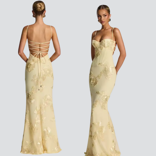 Ariana Print Maxi Dress – Sexy Spaghetti Strap Backless Bodycon Dress for Women
