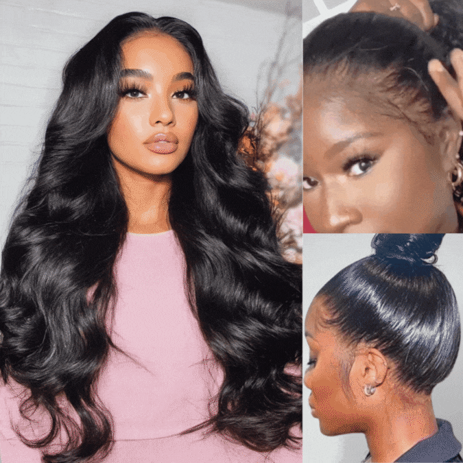 Front view of ODIONE INVISIWAVE 13x4 lace frontal body wave wig on model – natural hairline with Invisiknots