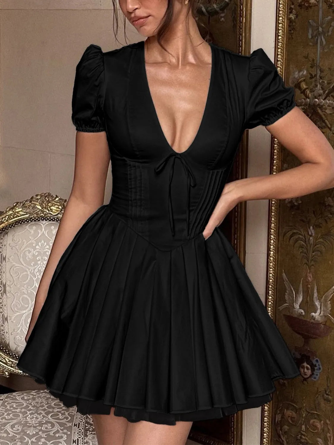 Summer-ready V-neck mini dress with short sleeves Effortless Chic Dress