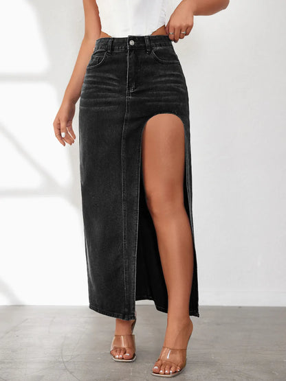 Model wearing high-rise front slit denim skirt – ODI-ONE FASHION
