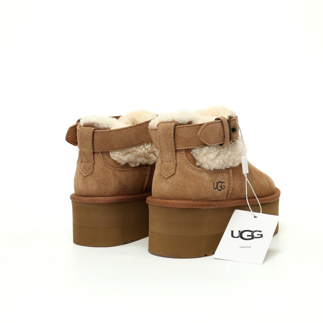 UGG Ultra Mini Belted Platform Boots – Chestnut Suede Side View
Women’s UGG Ultra Mini Belted Platform – Front and Back
Chestnut Suede UGG Ultra Mini with Platform Sole
