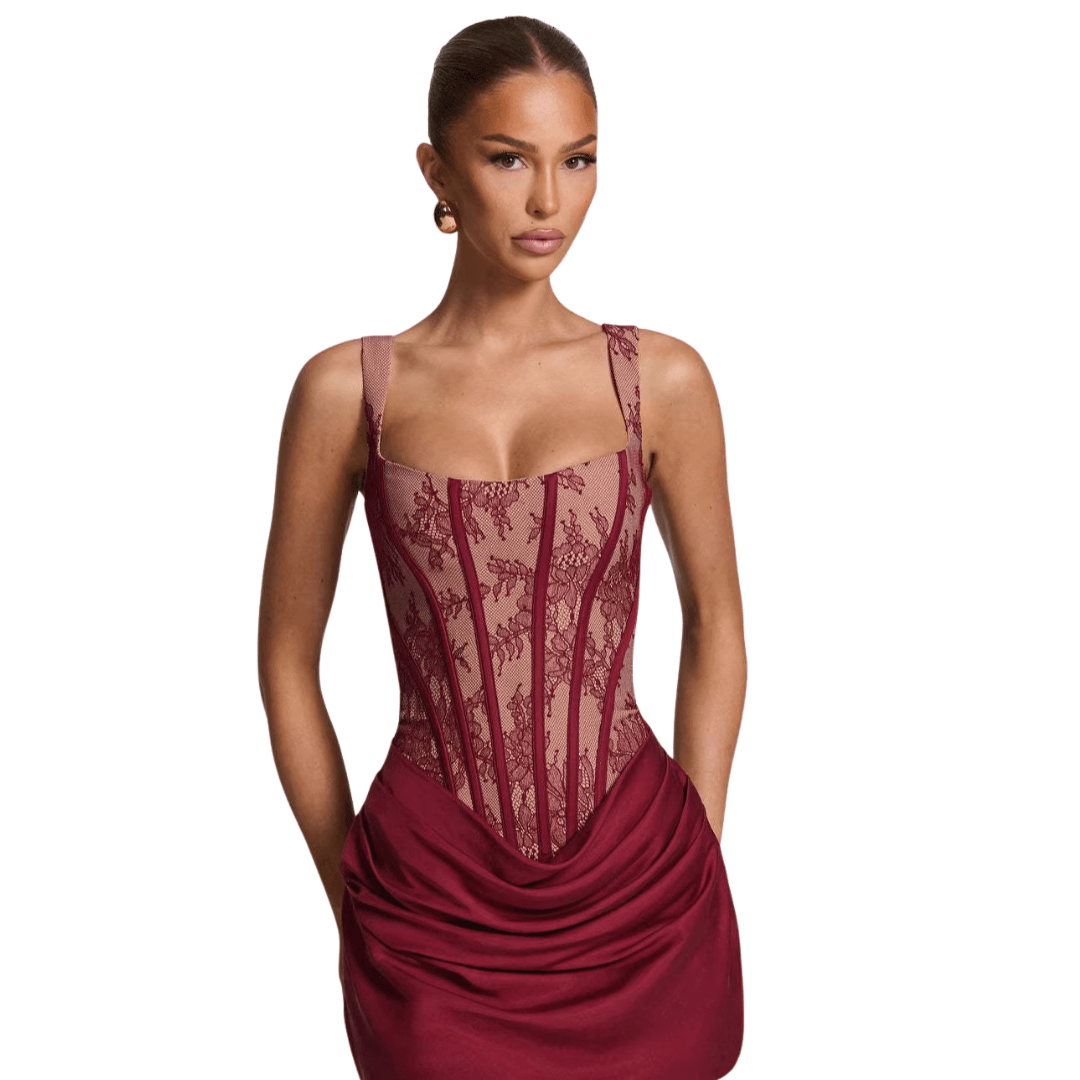 red lace strapless mini dress for women