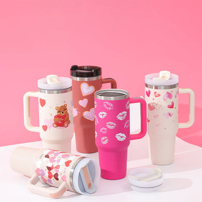 Valentine's Special: 40oz Insulated Stainless Steel Tumbler – Spill-Proof Travel Mug with Handle & Straw