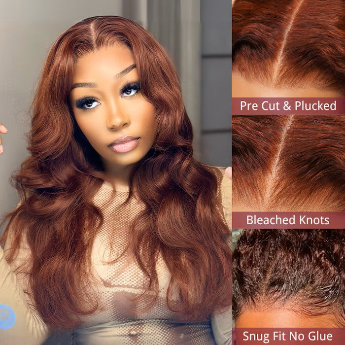 "7x5 Reddish Brown Body Wave Glueless Wig – Pre-Bleached Knots, Easy Wear & Go!"