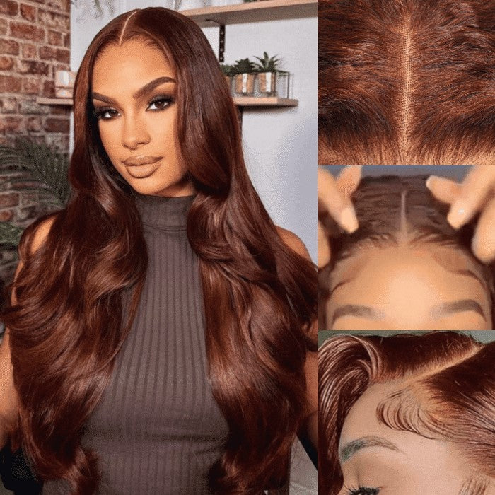 "7x5 Reddish Brown Body Wave Glueless Wig – Pre-Bleached Knots, Easy Wear & Go!"