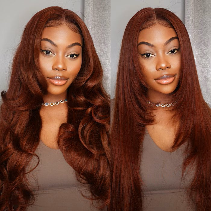 "7x5 Reddish Brown Body Wave Glueless Wig – Pre-Bleached Knots, Easy Wear & Go!"