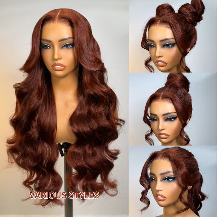 "7x5 Reddish Brown Body Wave Glueless Wig – Pre-Bleached Knots, Easy Wear & Go!"