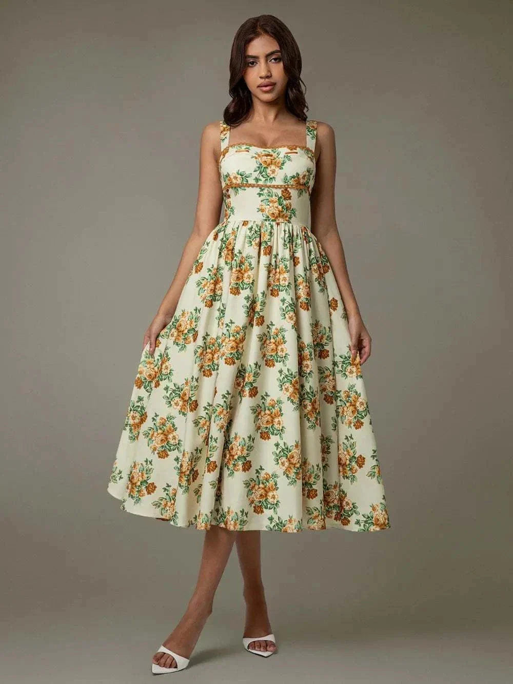 Woman wearing elegant floral lace midi dress – sleeveless summer style Bow Trim Tube Maxi Dress