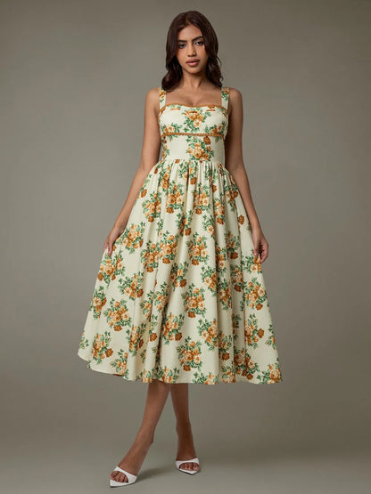 Woman wearing elegant floral lace midi dress – sleeveless summer style
