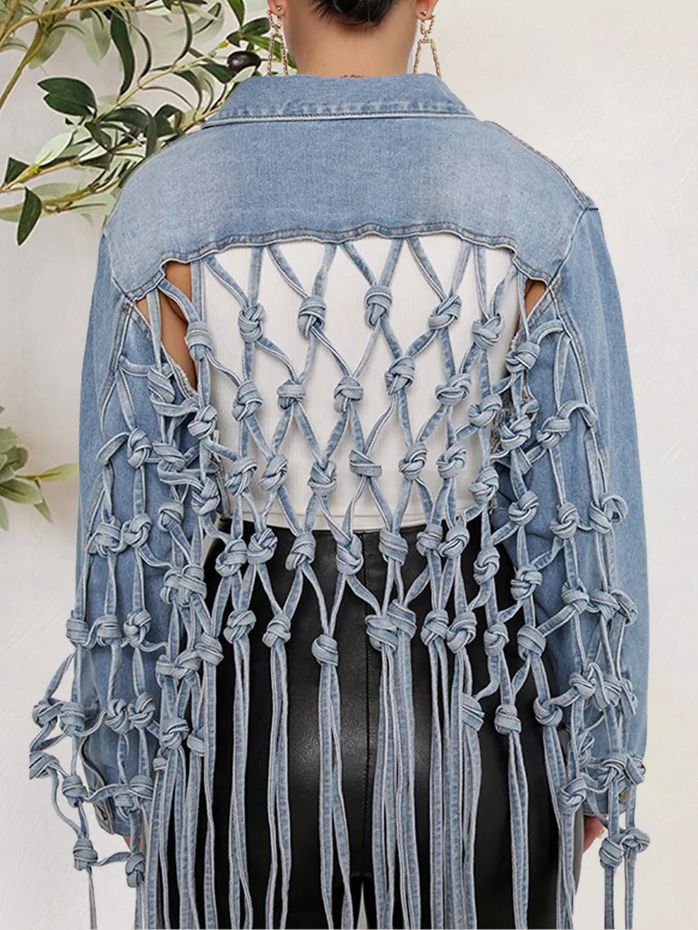 Model wearing tie-waist button-up denim jacket with pockets – ODI-ONE FASHION
