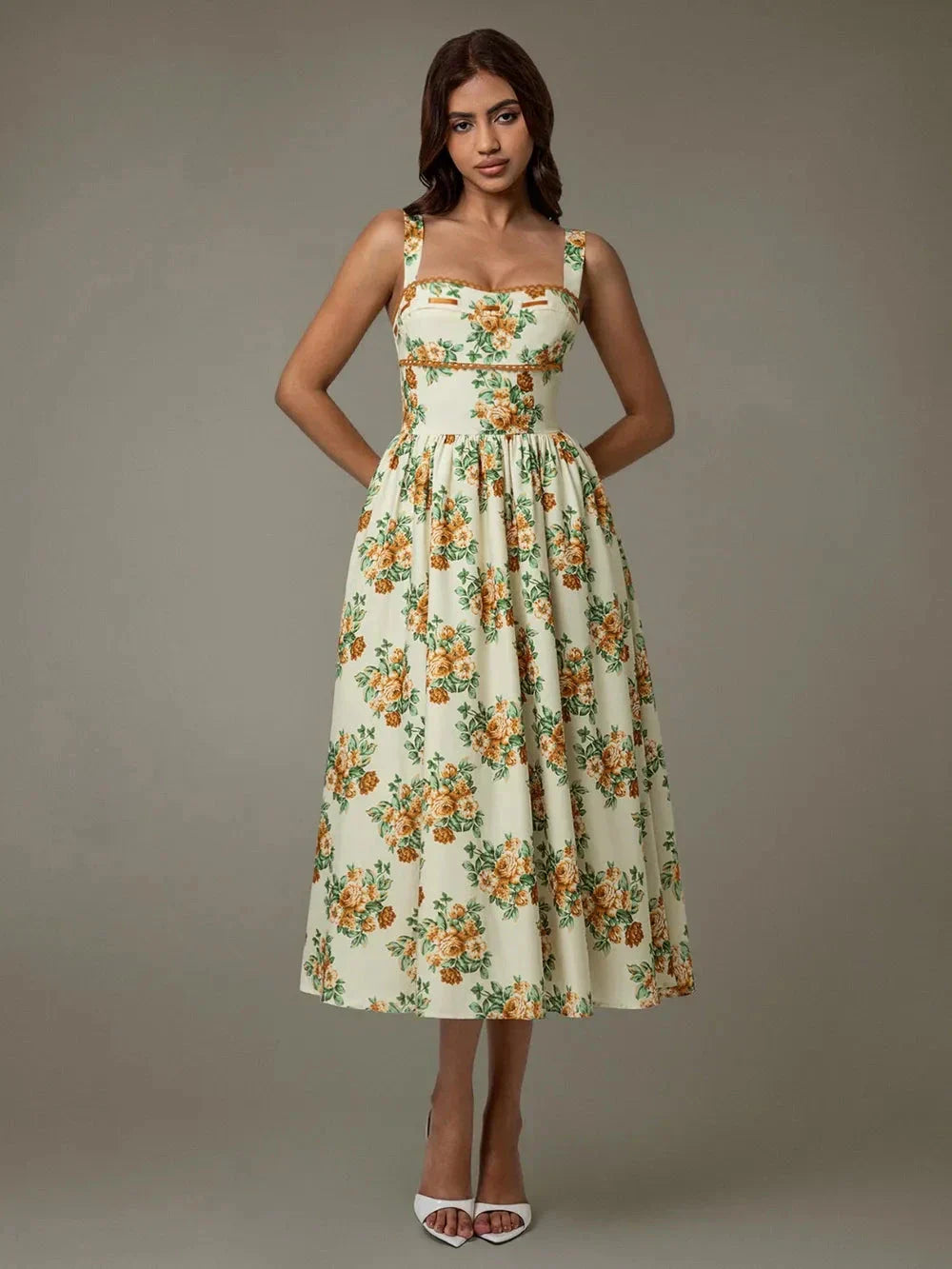 Woman wearing elegant floral lace midi dress – sleeveless summer style Bow Trim Tube Maxi Dress