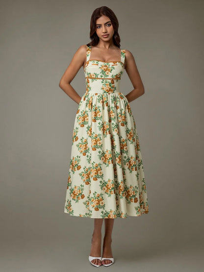 Woman wearing elegant floral lace midi dress – sleeveless summer style
