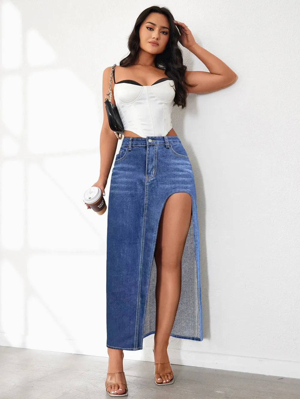 Model wearing high-rise front slit denim skirt – ODI-ONE FASHION
