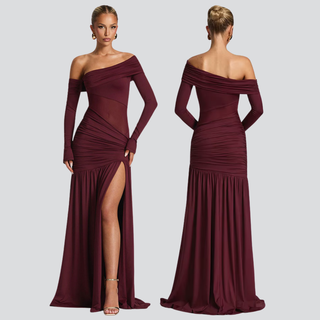Elowen Maxi Dress in Cherry Lacquer – Elegant Satin Evening Gown with Lace-Up Back
