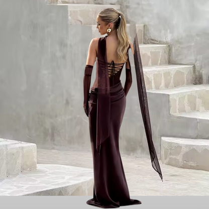 Model wearing Seraphina strapless backless maxi dress with gloves and scarf
