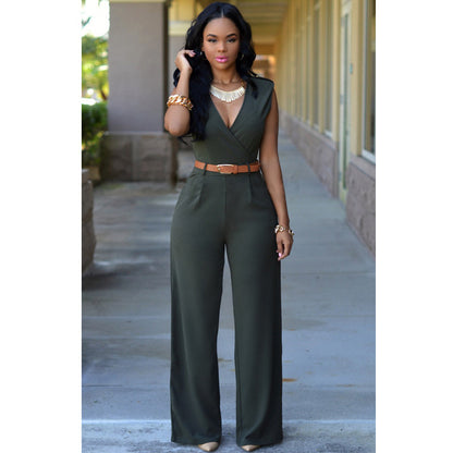 "Elegant V-Neck Belted Jumpsuit – High Waist & Wide-Leg Chic Set"