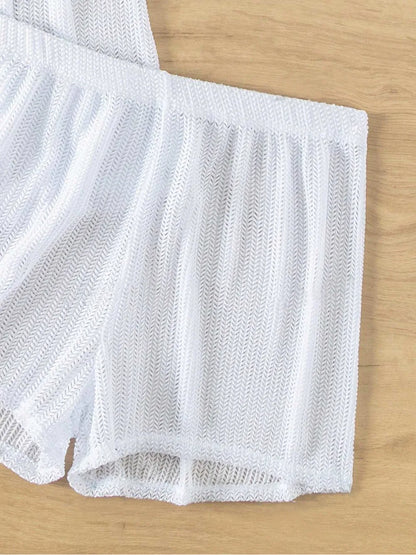 Model wearing open front half sleeve cover up top and shorts by ODI-ONE FASHION – summer beachwear set
