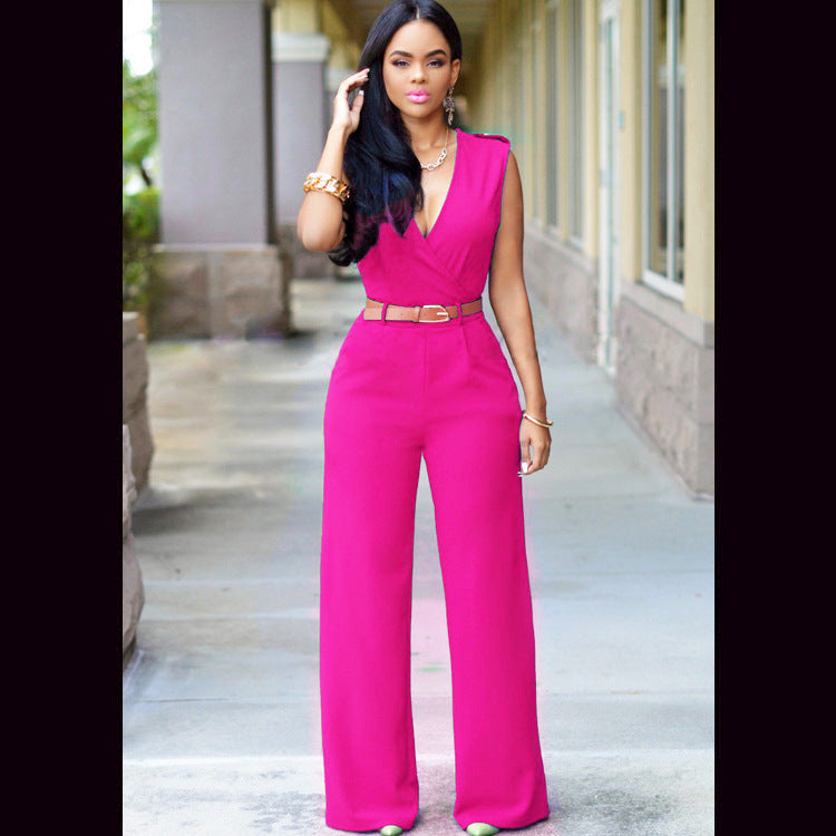 "Elegant V-Neck Belted Jumpsuit – High Waist & Wide-Leg Chic Set"