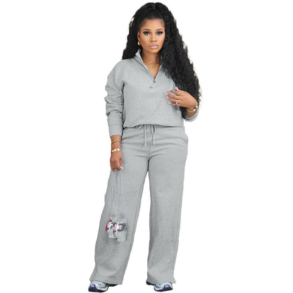 "Casual Zip-Up Drawstring Jogger Set – Solid Color, Loose Fit"