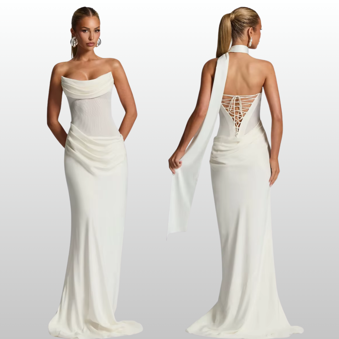 Model wearing Seraphina white strapless backless maxi dress with gloves and scarf
