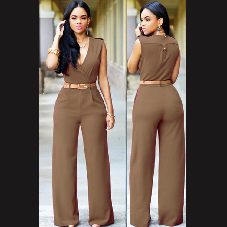 "Elegant V-Neck Belted Jumpsuit – High Waist & Wide-Leg Chic Set"