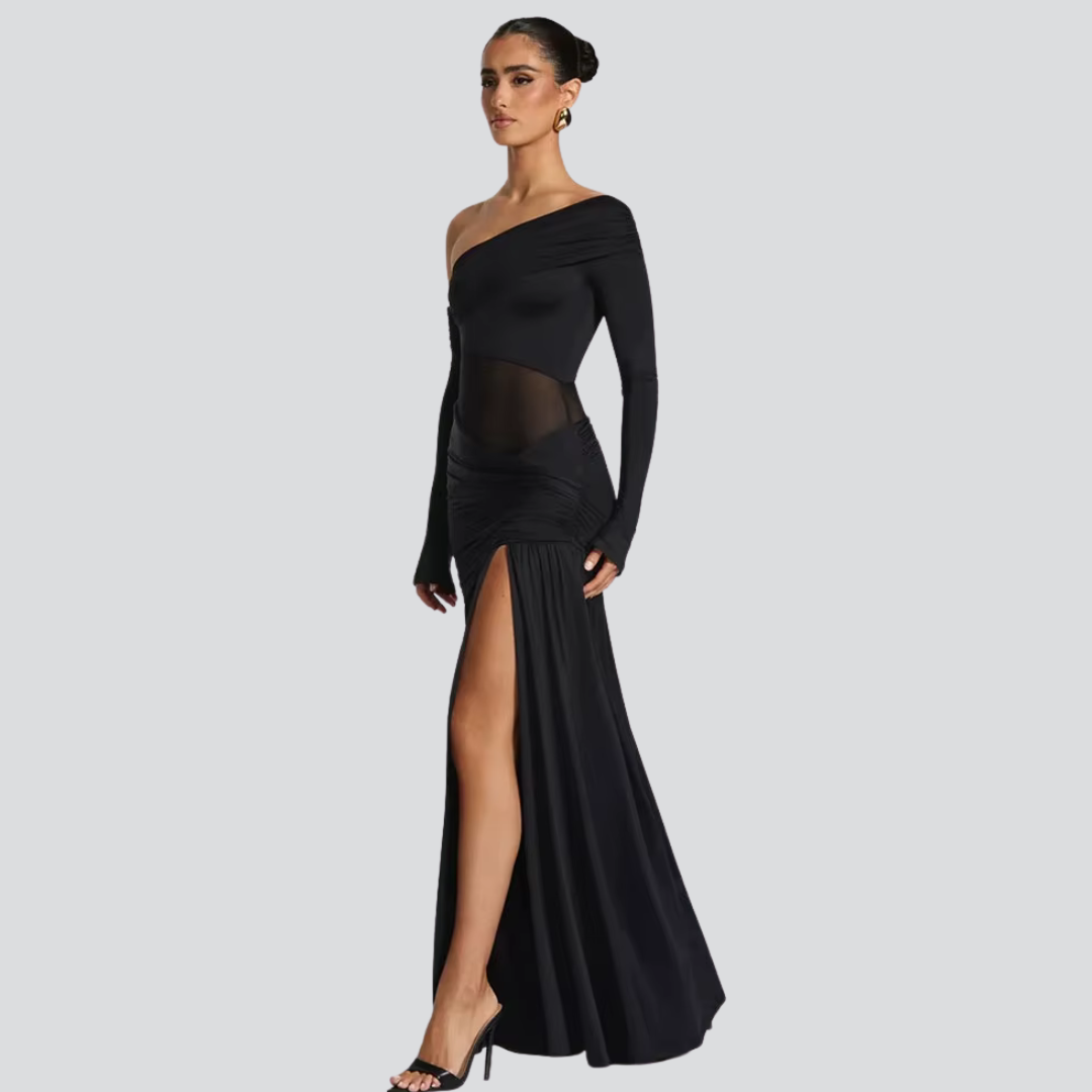 Elowen Maxi Dress in Black – Elegant Satin Evening Gown with Lace-Up Back
