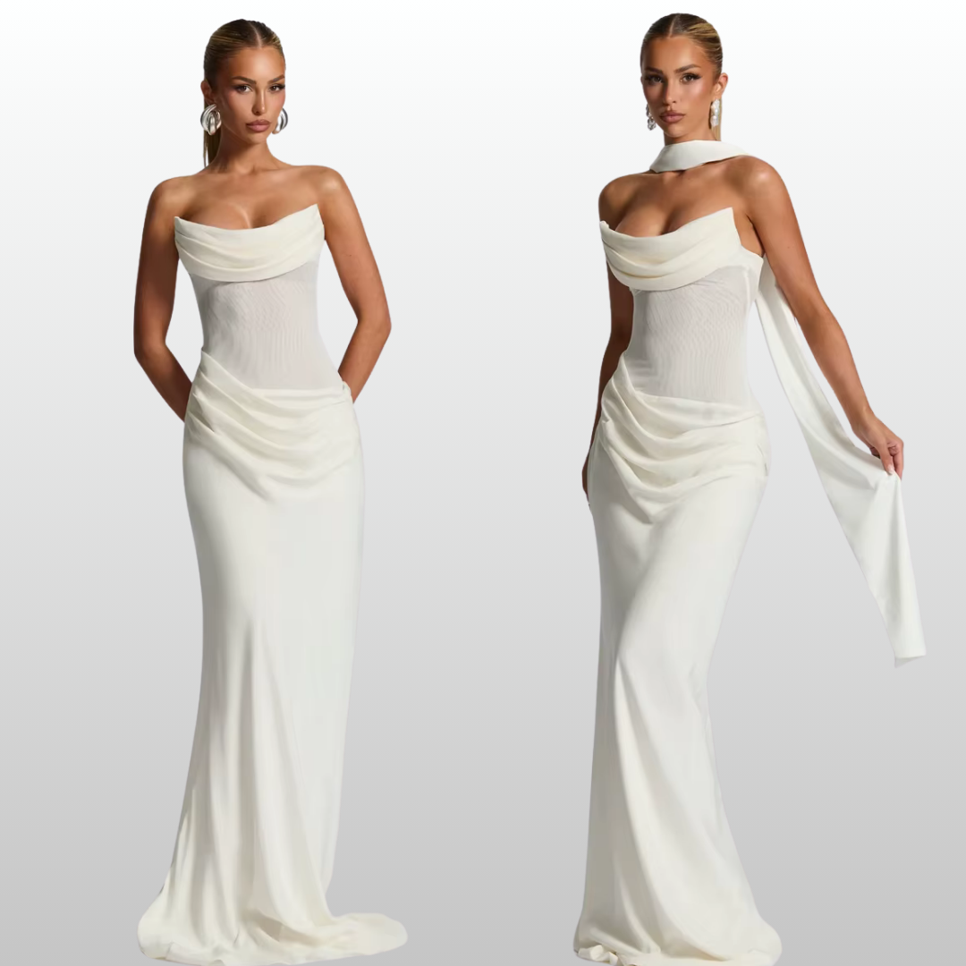 Model wearing Seraphina white strapless backless maxi dress with gloves and scarf
